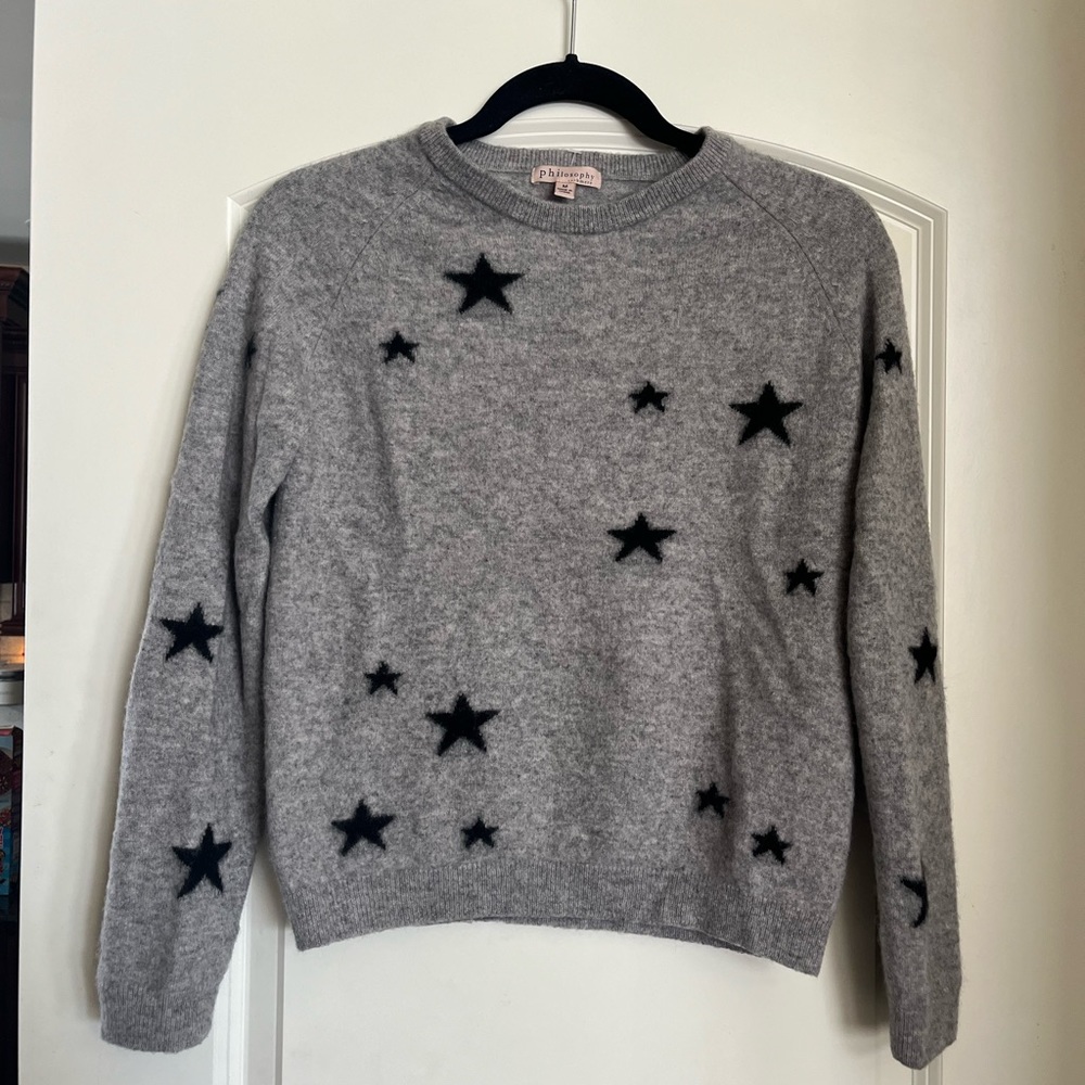 Designer Philosophy 100% Cashmere Gray Sweater w/ Black Stars